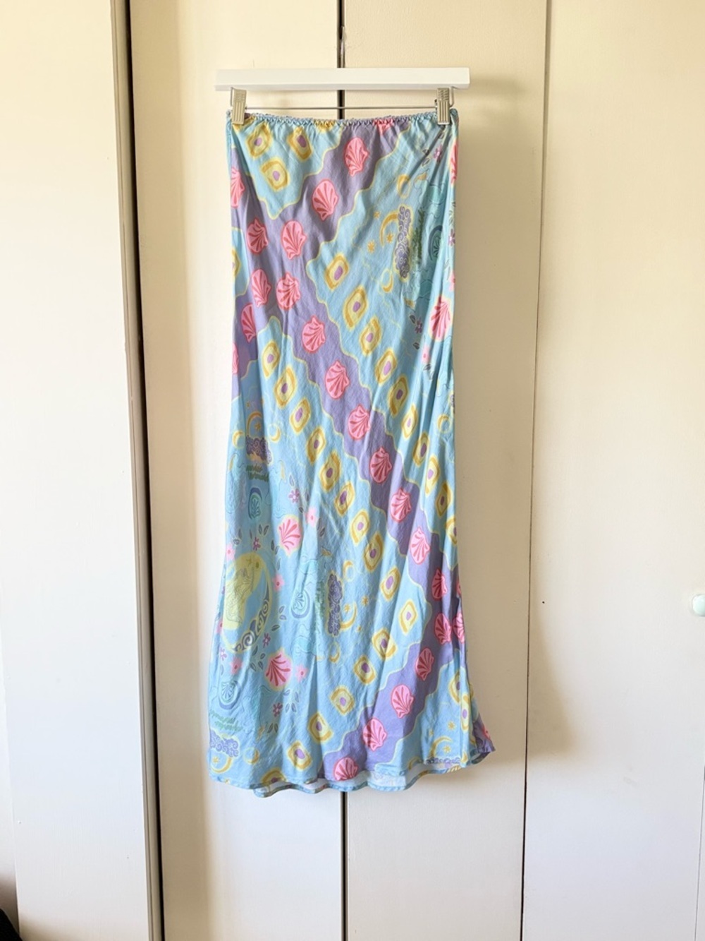 Spell Aquarius Bias Maxi Skirt Sky Blue Small Seashell Pattern Coastal Tencel - Picture 6 of 9